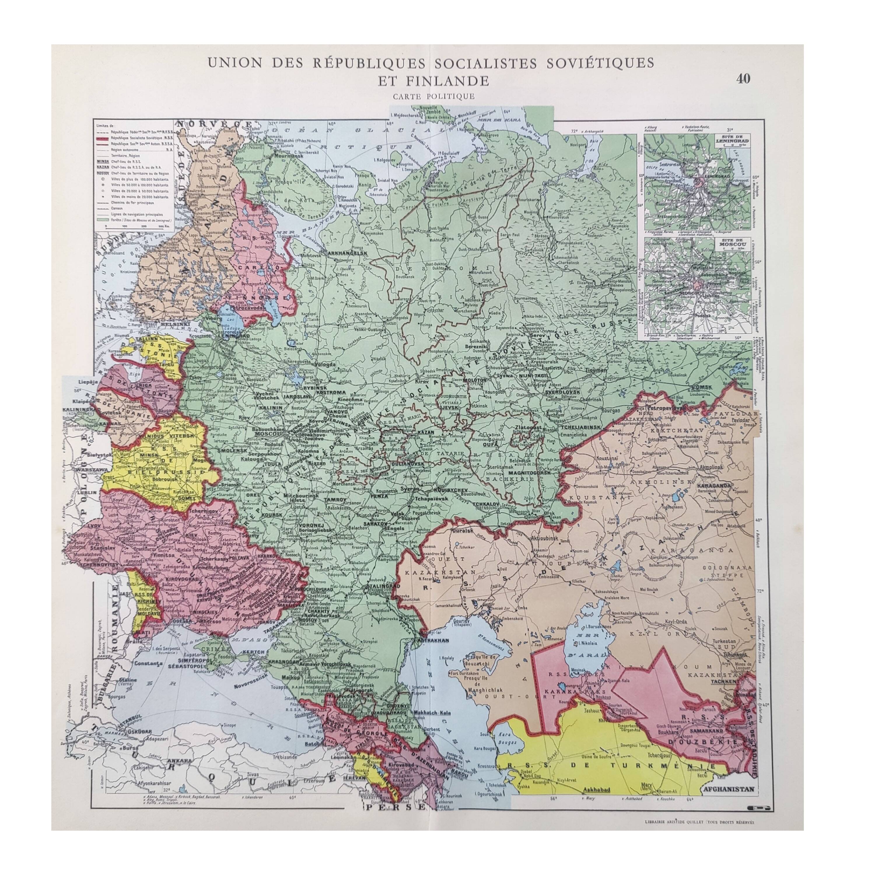 Vintage USSR and Finland map 43x43cm from 1950