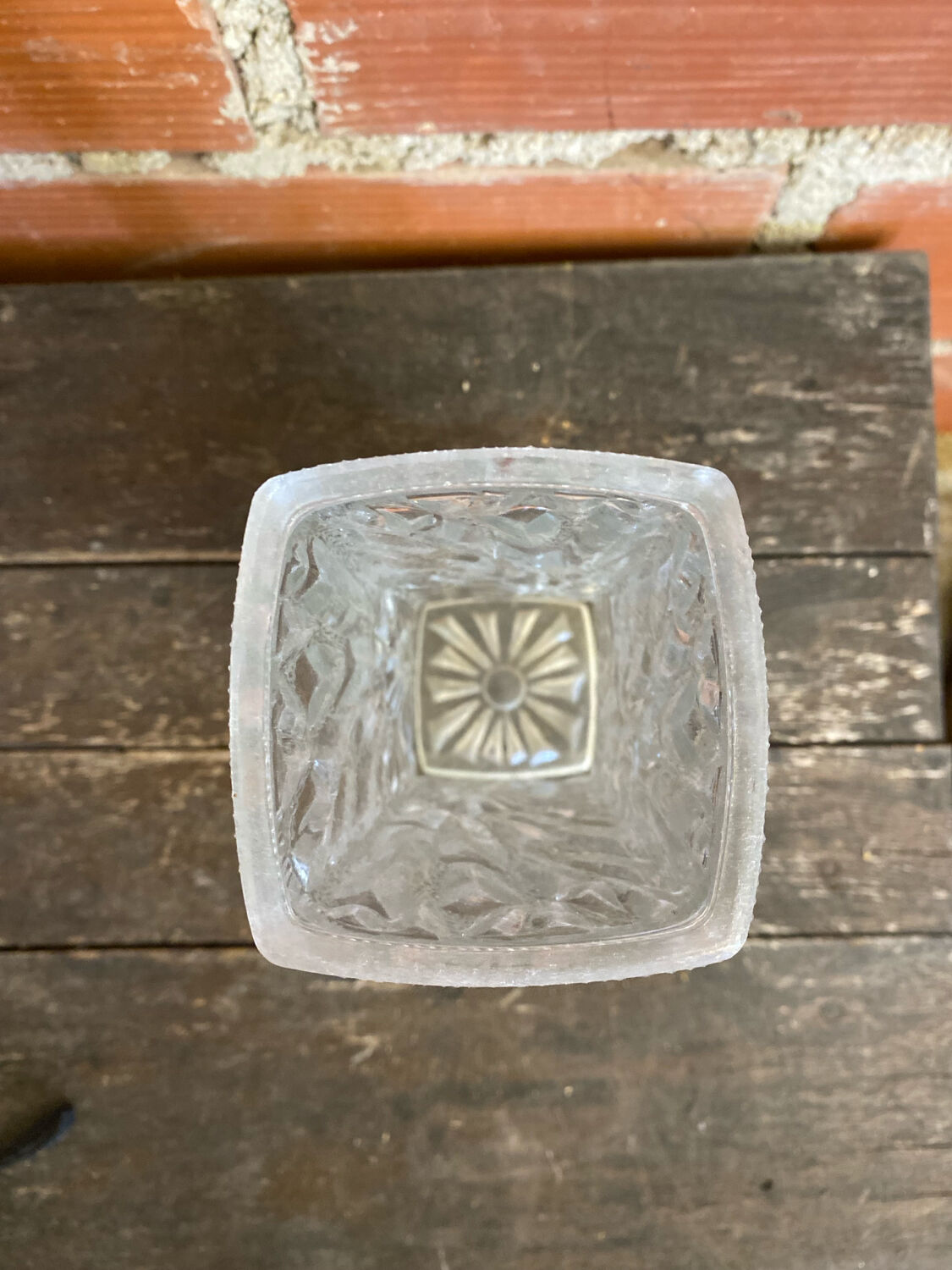 Vintage 1970s Rectangular Moulded Glass Vase with Sun Decoration #D757