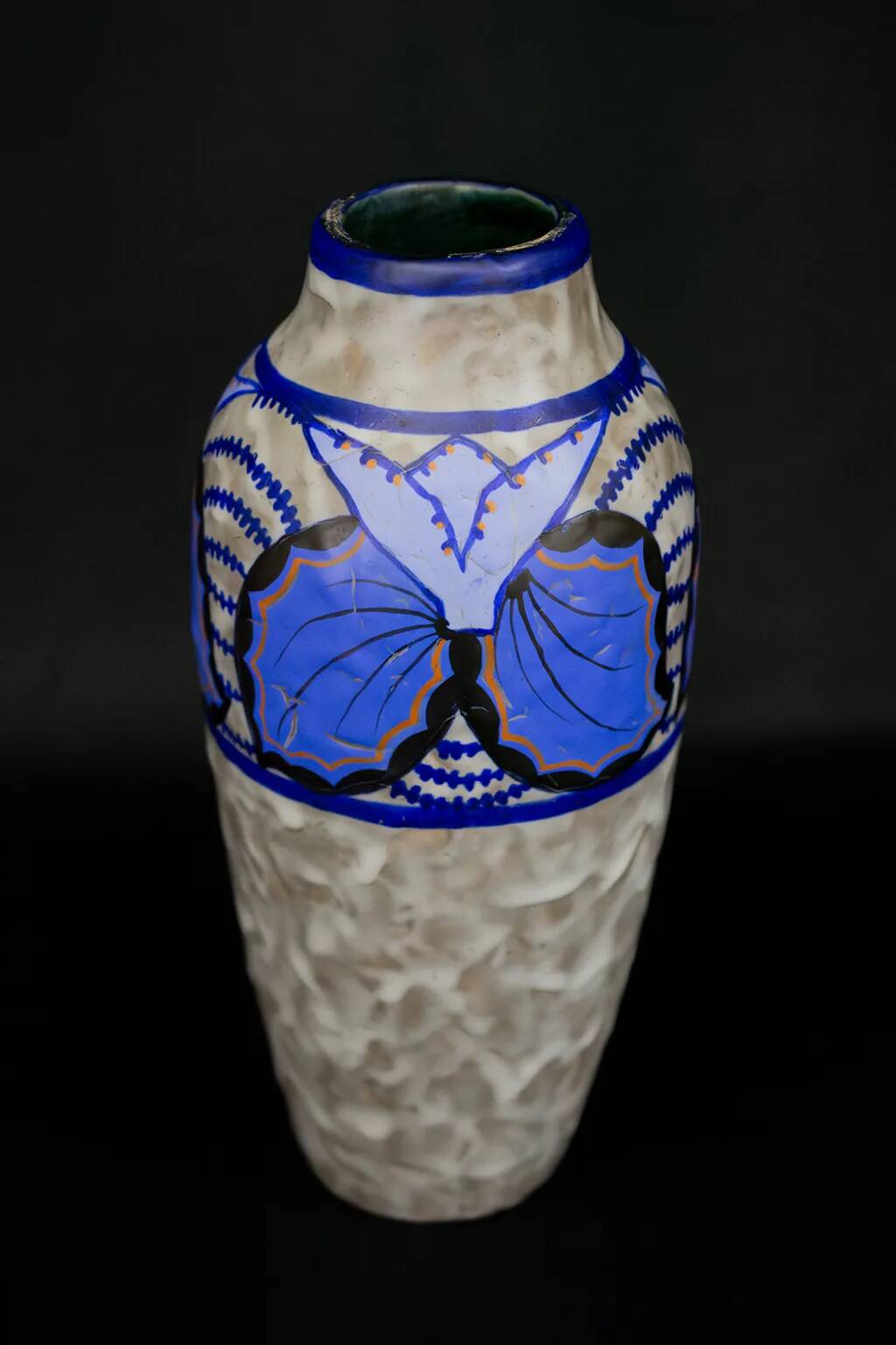 Vase Art déco en grès émaillé de Louis Dage, motifs papillon, circa 1930