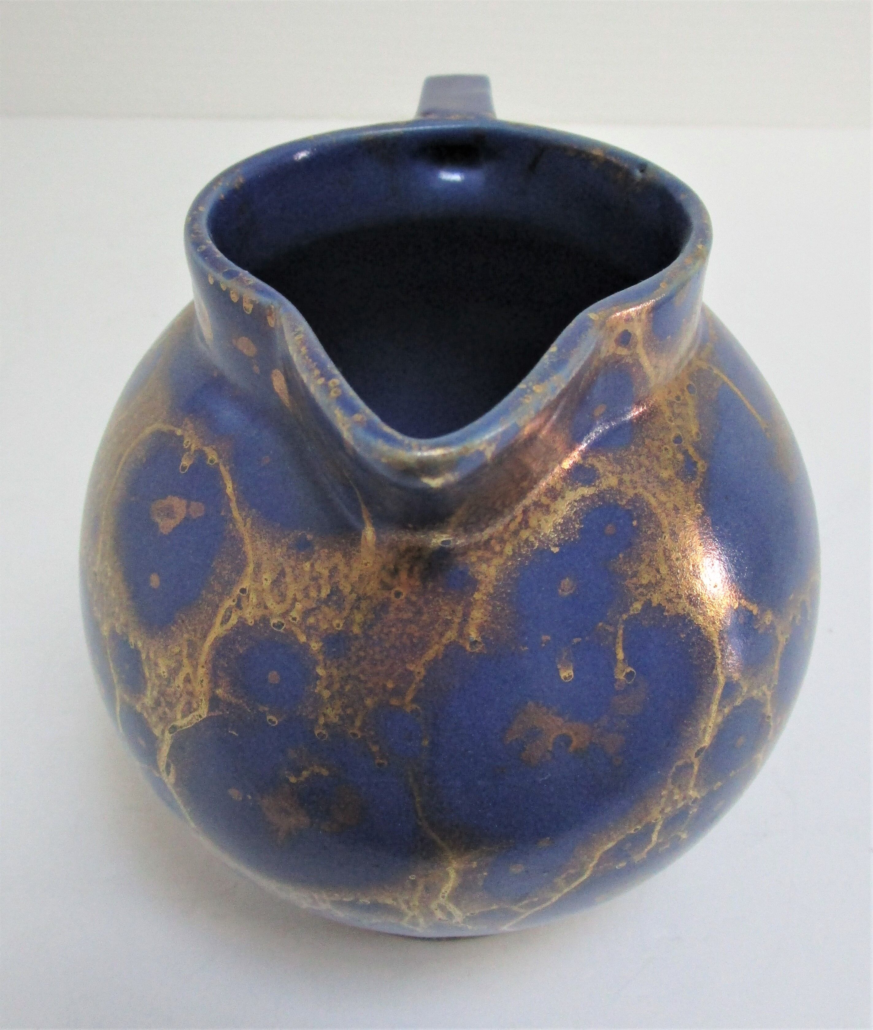 Art Deco ceramic pitcher enamel blue and gold by Lucien Brisdoux 1930s