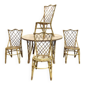 Ensemble en rotin des années 1970, table + 4 chaises