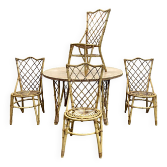 Ensemble en rotin des années 1970, table + 4 chaises