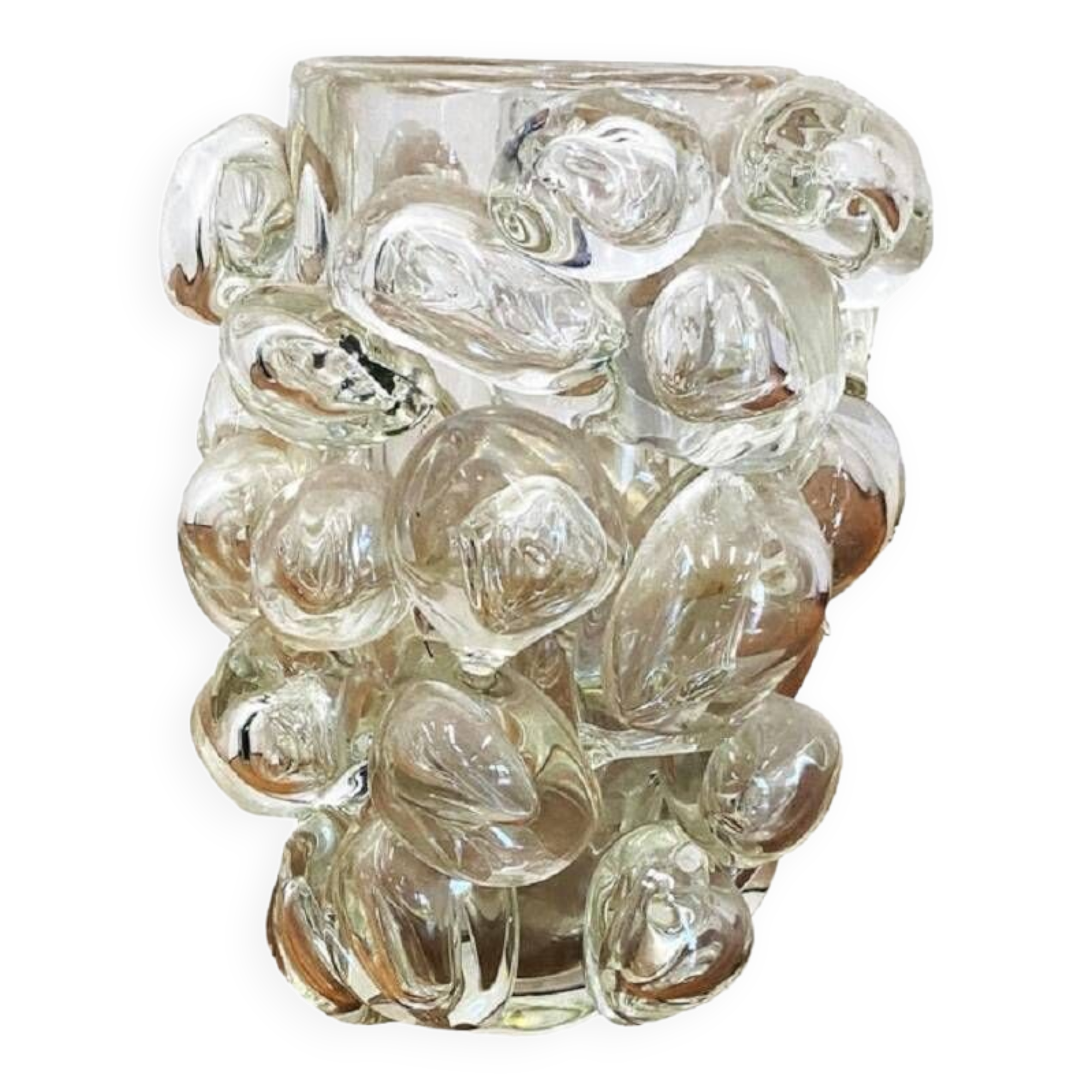Contemporary hand-blown transparent Murano glass vase with bubbles