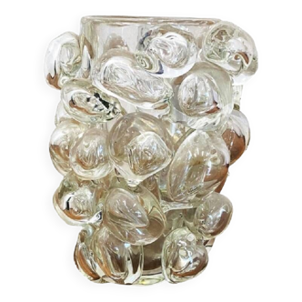 Contemporary transparent murano glass vase hand-blown with bubbles