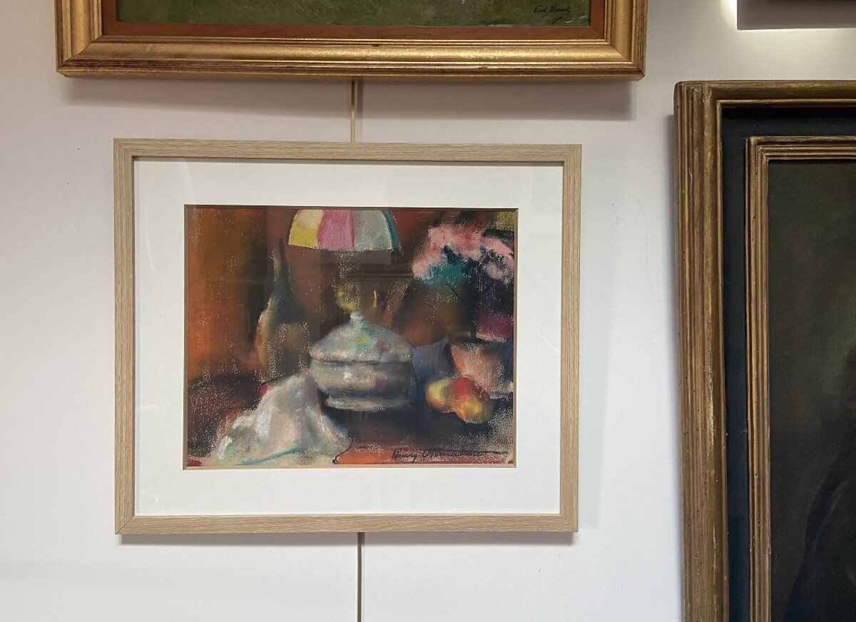 Still life with lamp, signed pastel