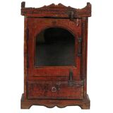 Massive Indian red display case, patinated bedside and original piece of teak wood
