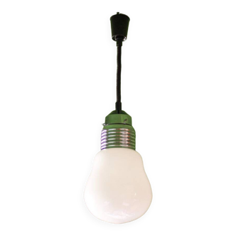 Suspension vintage,ancien luminaire,opaline forme ampoule,ampoule géante, système à poulie,déco loft