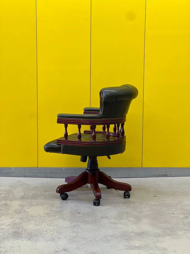 Chesterfield Revolving Captain's Chair with Green Leather Upholstery