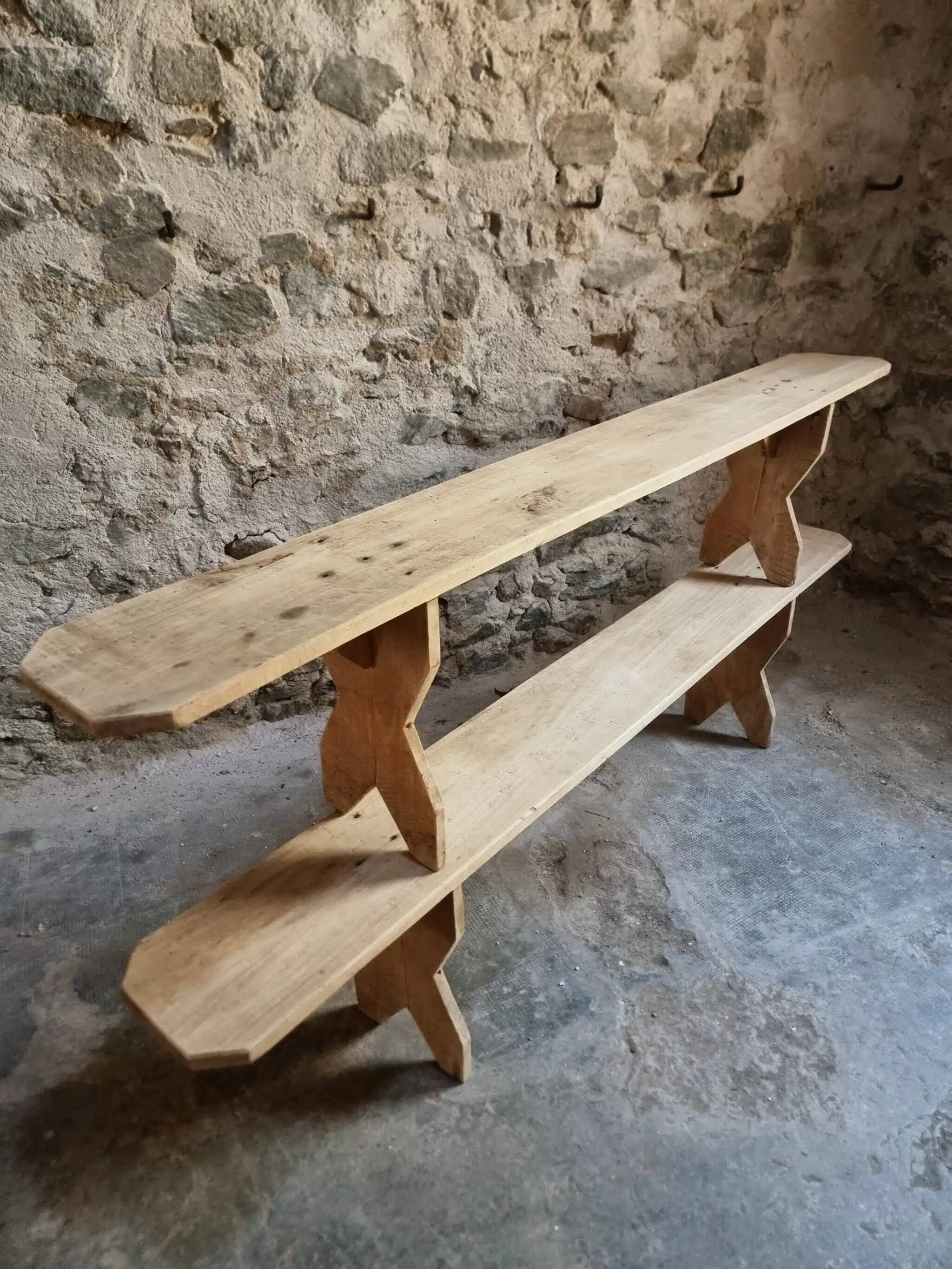 Set of 2 antique French poplar benches, consoles or shelves, circa 1900.