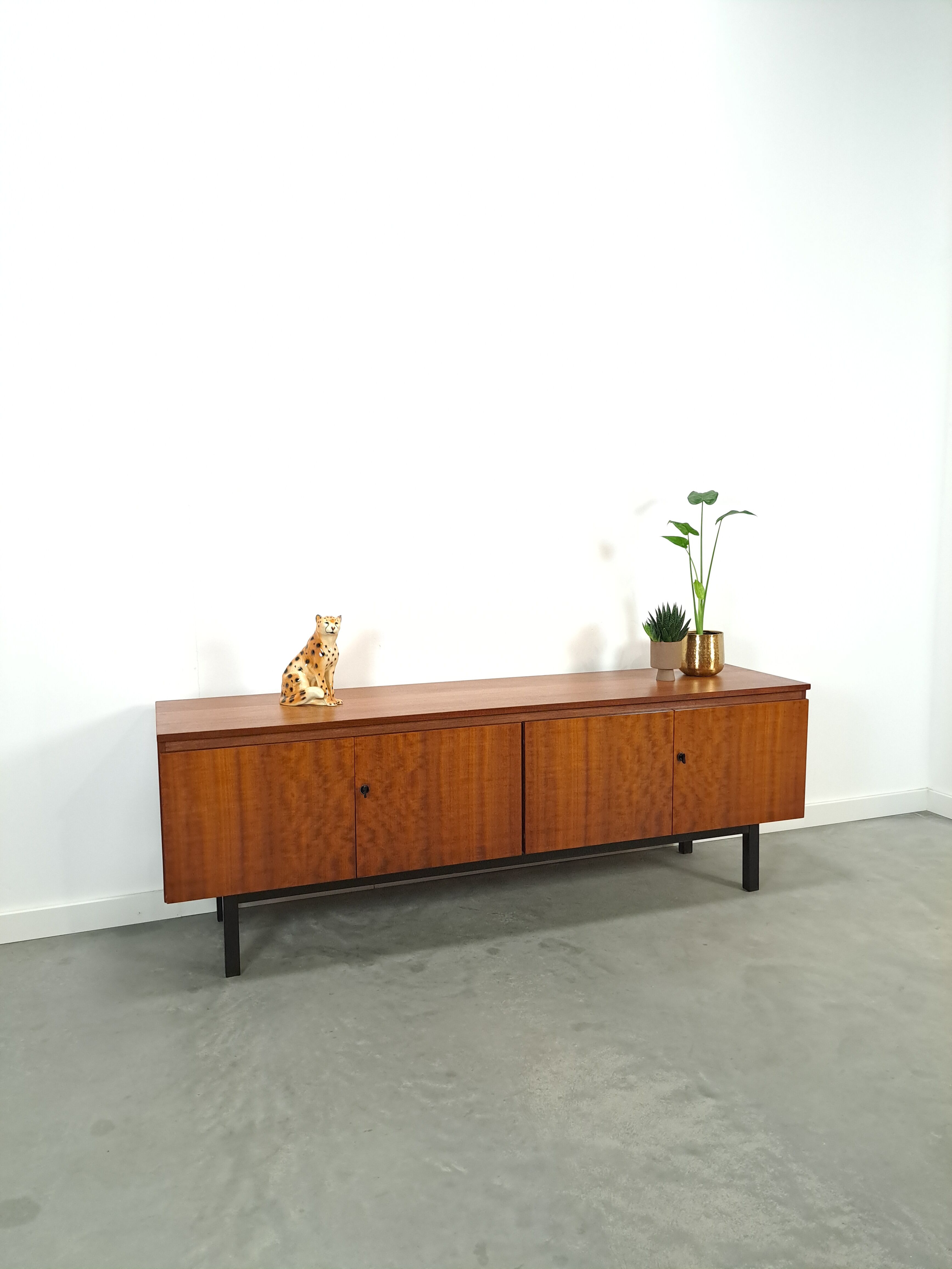 Long dark walnut veneer sideboard, vintage TV cabinet