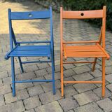 Set of vintage painted blue and orange chairs