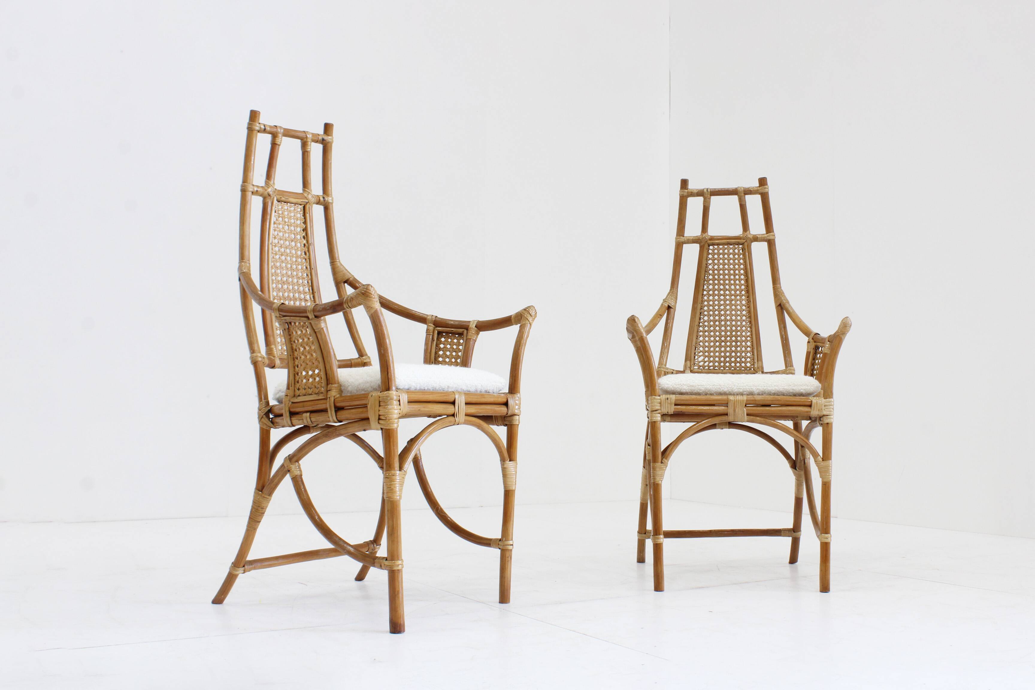Vintage Bamboo and Rattan Armchairs with Bouclé Cushions, 1970s , set of 2