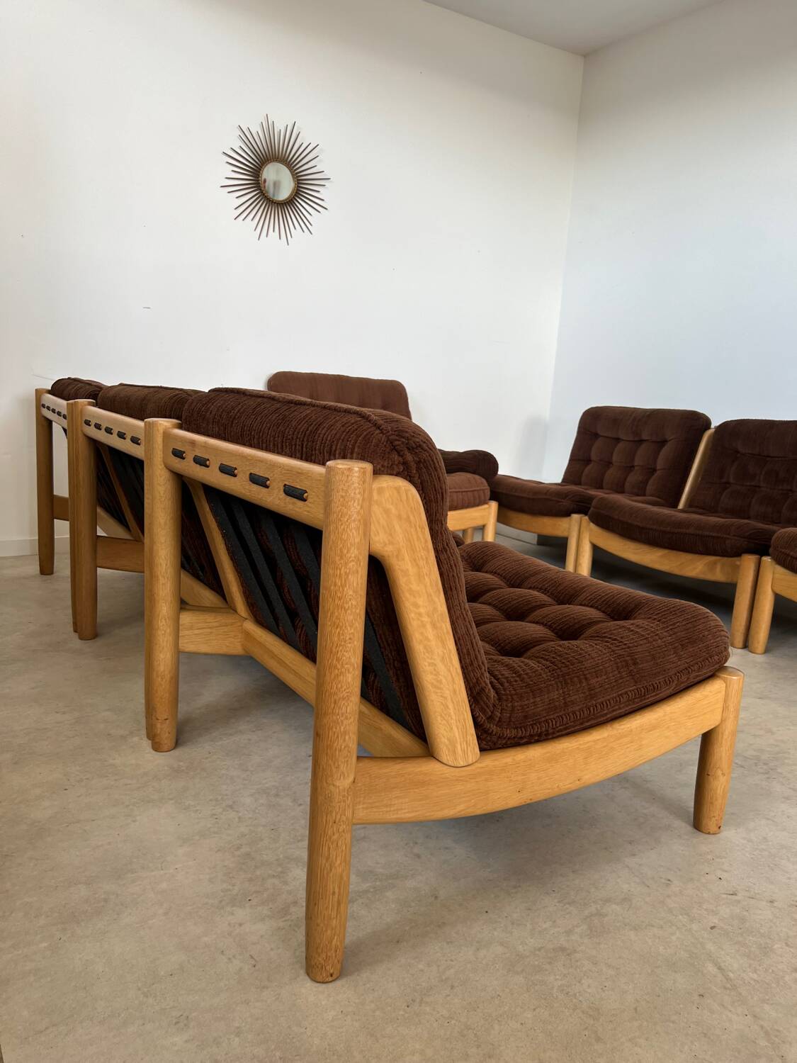 Old modular living room 7 armchairs and vintage Scandinavian design coffee table from the 60s