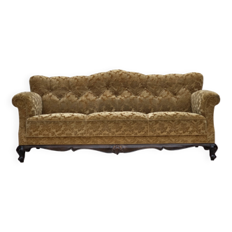 1950s, Danish 3-seater sofa, furniture velour, carved oak wood.