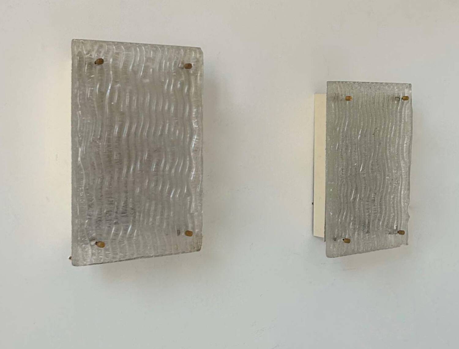 Pair of vintage sconces, molded frosted glass, Murano Italy 1970