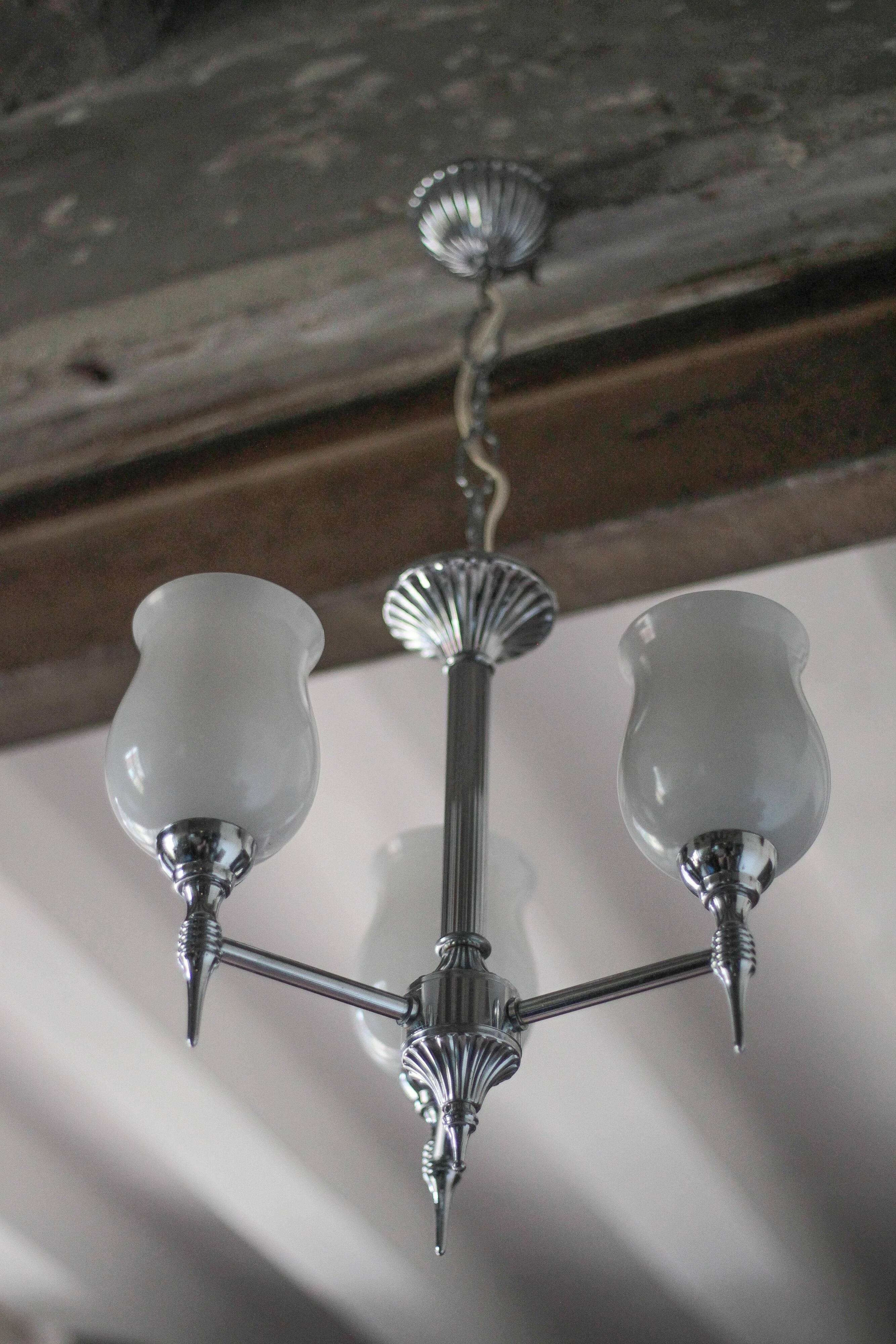 Vintage opaline pendant light, 3-light white opaline globe chandelier