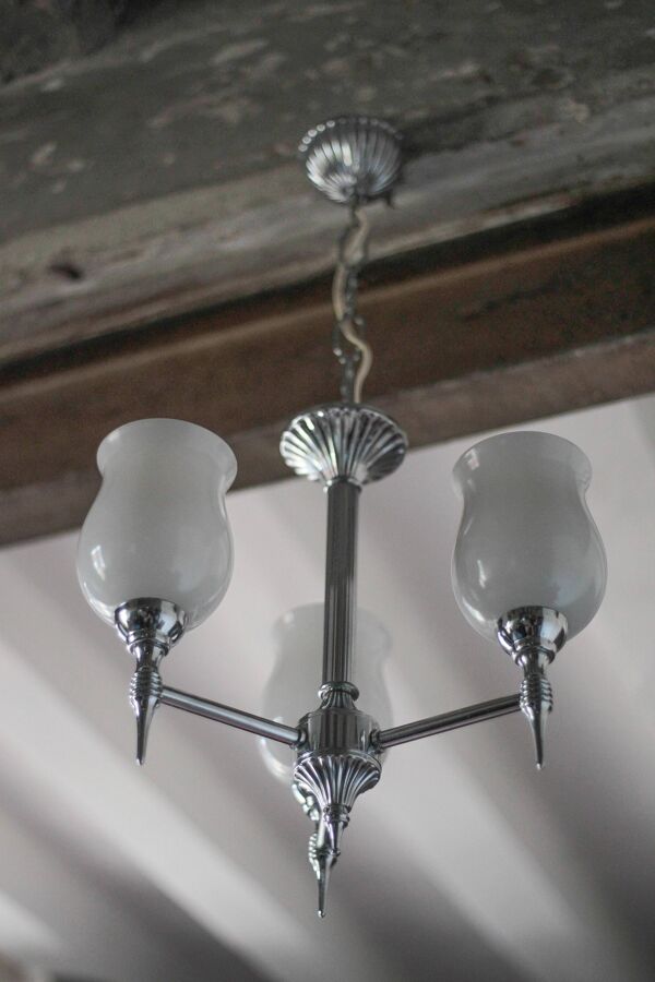 Suspension opaline vintage, lustre 3 feux globe opaline blanc