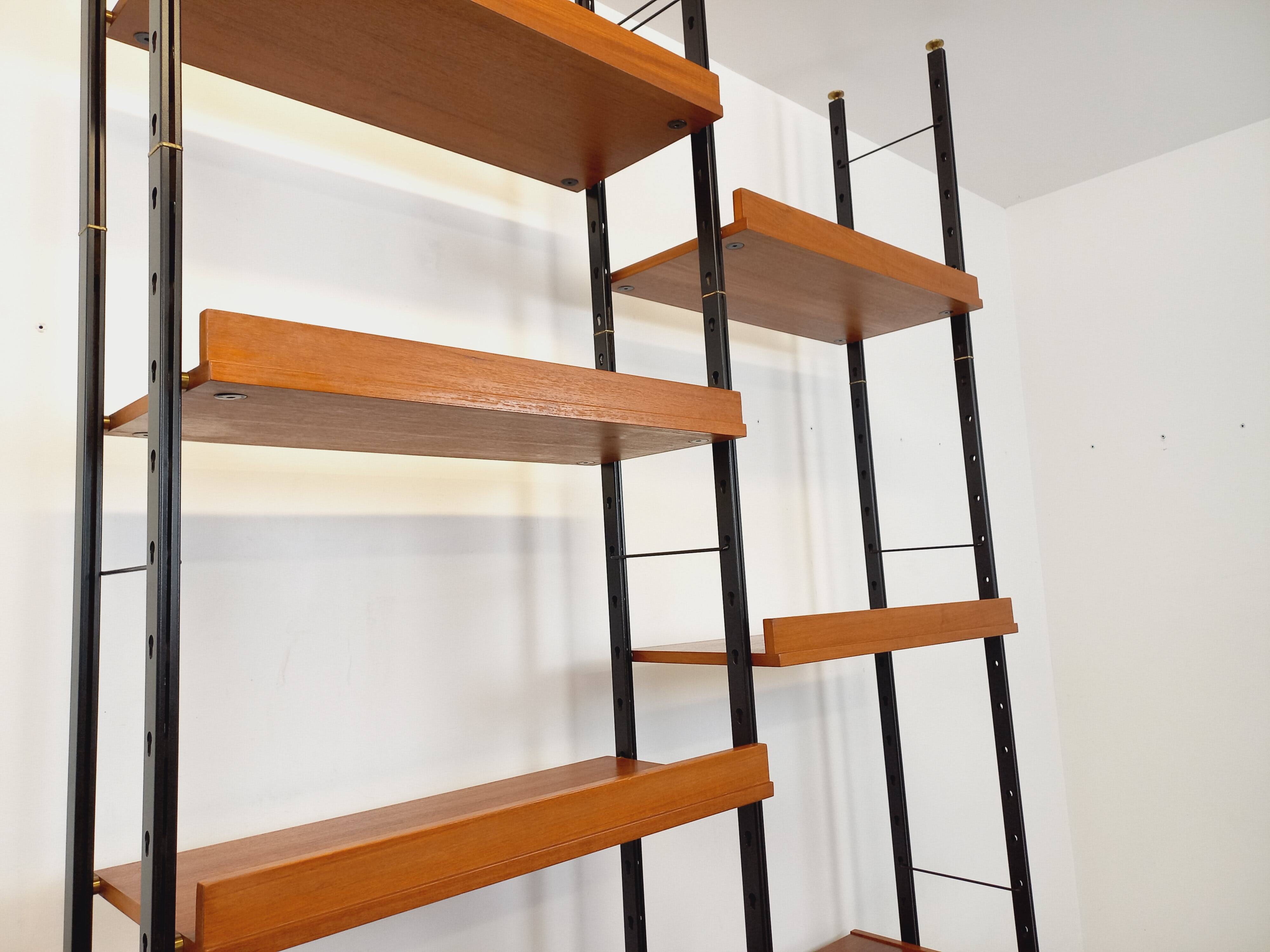 Vintage Italian double modular shelf bookcase in teak and metal