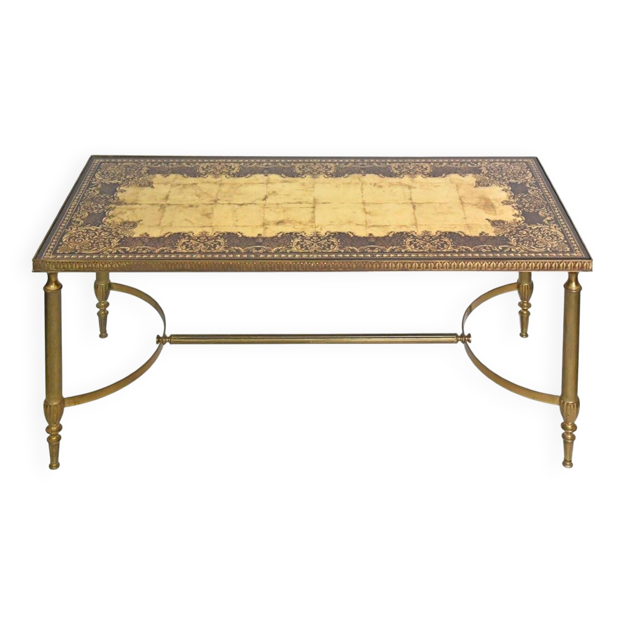 Coffee table in gilded brass with a mirrored eglomisé glass top.