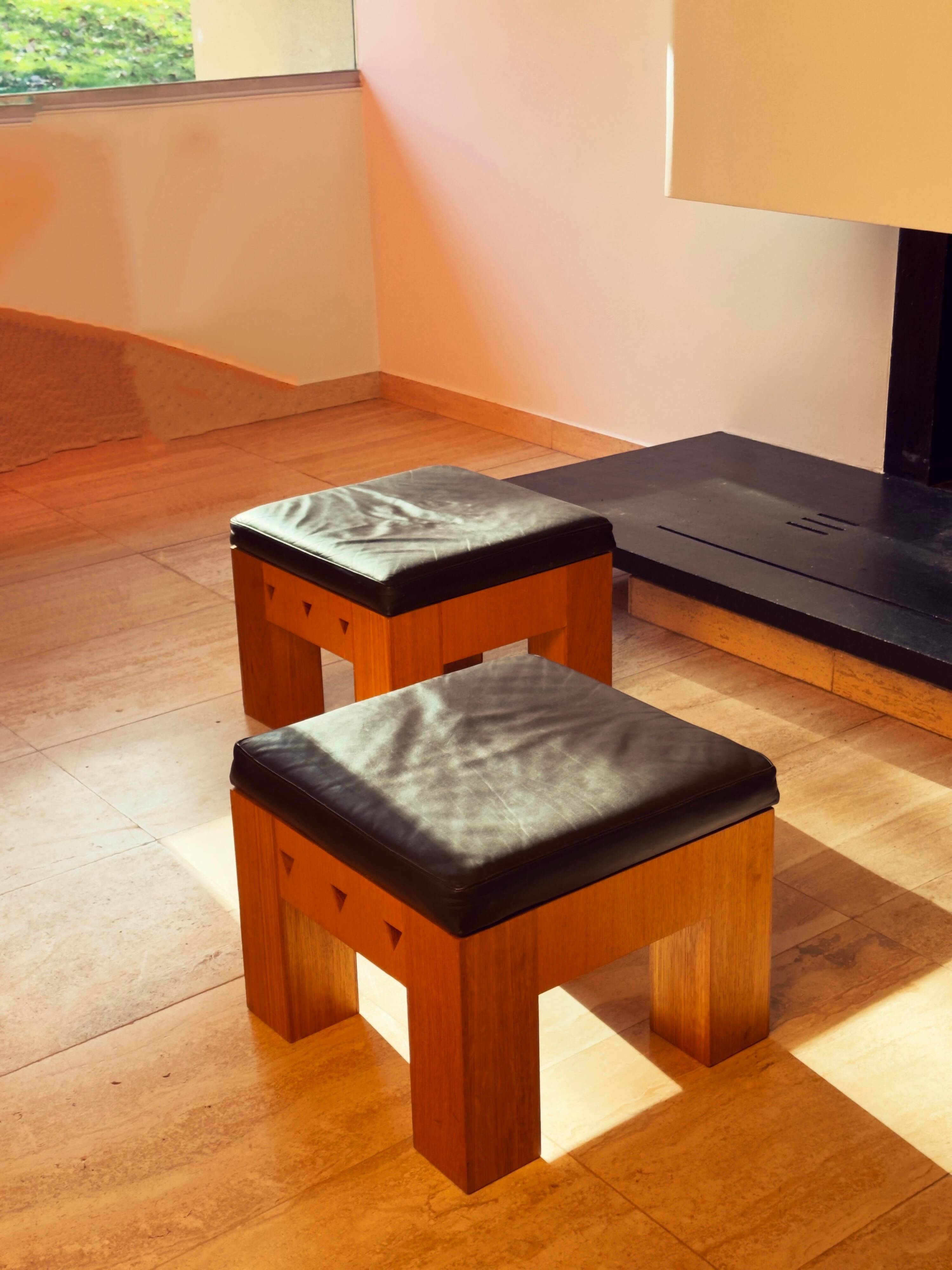 Pair of Low Wooden Stools with Leather Seats, 1970s