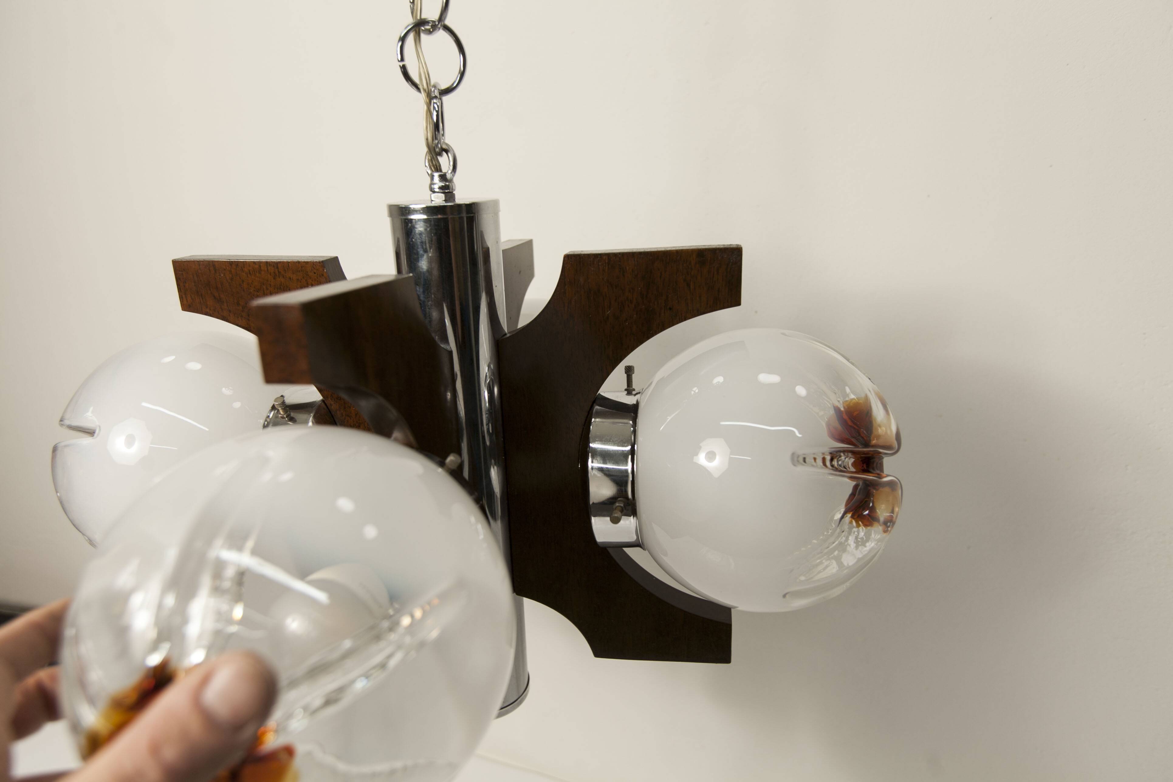 Mazzega Murano chandelier with 4 balls and teak, 1960