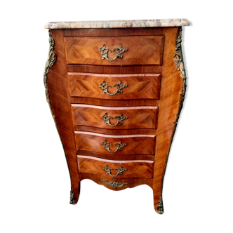 Commode chiffonnier style Louis xv marqueterie plateau marbre
