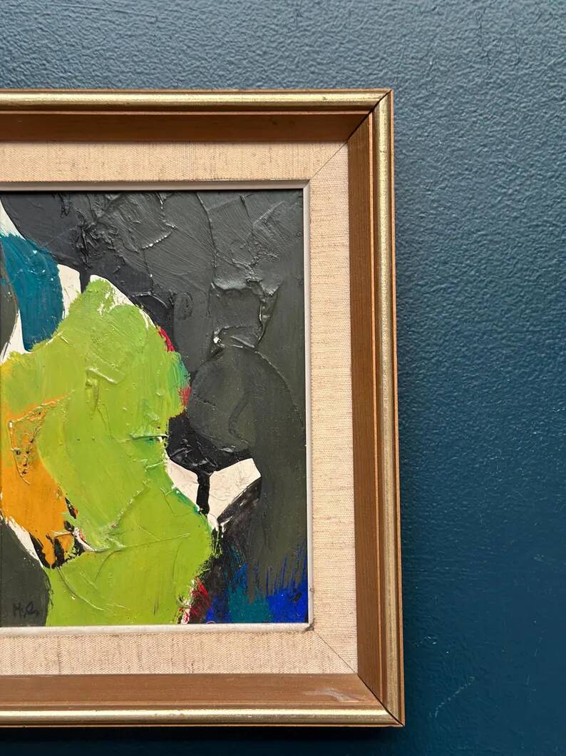 Original Swedish Oil on Panel – “Abstract in Green” by Hans Oswald – Signed – Vintage and Framed – 32 × 25 cm (12.6" × 9.8")