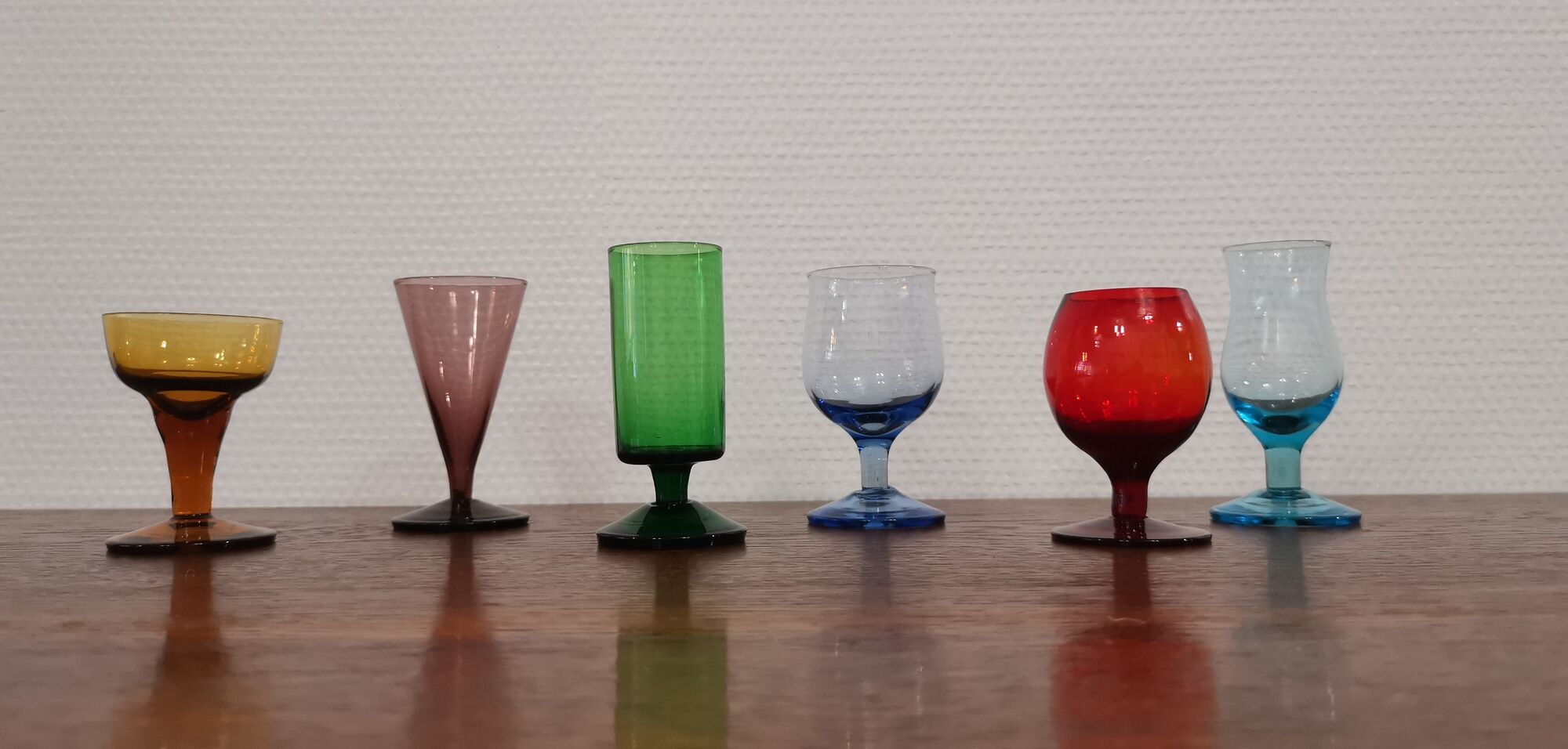 Set of 6 old liquor glasses on mismatched feet