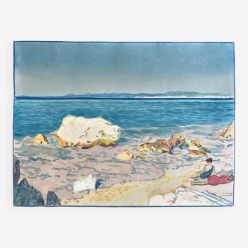 Original watercolor by Tony Minartz, bathers on a rocky beach in the Mediterranean