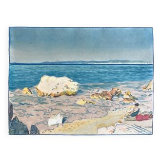 Aquarelle originale de Tony Minartz, baigneuses sur une plage rocheuse de la Méditerranée