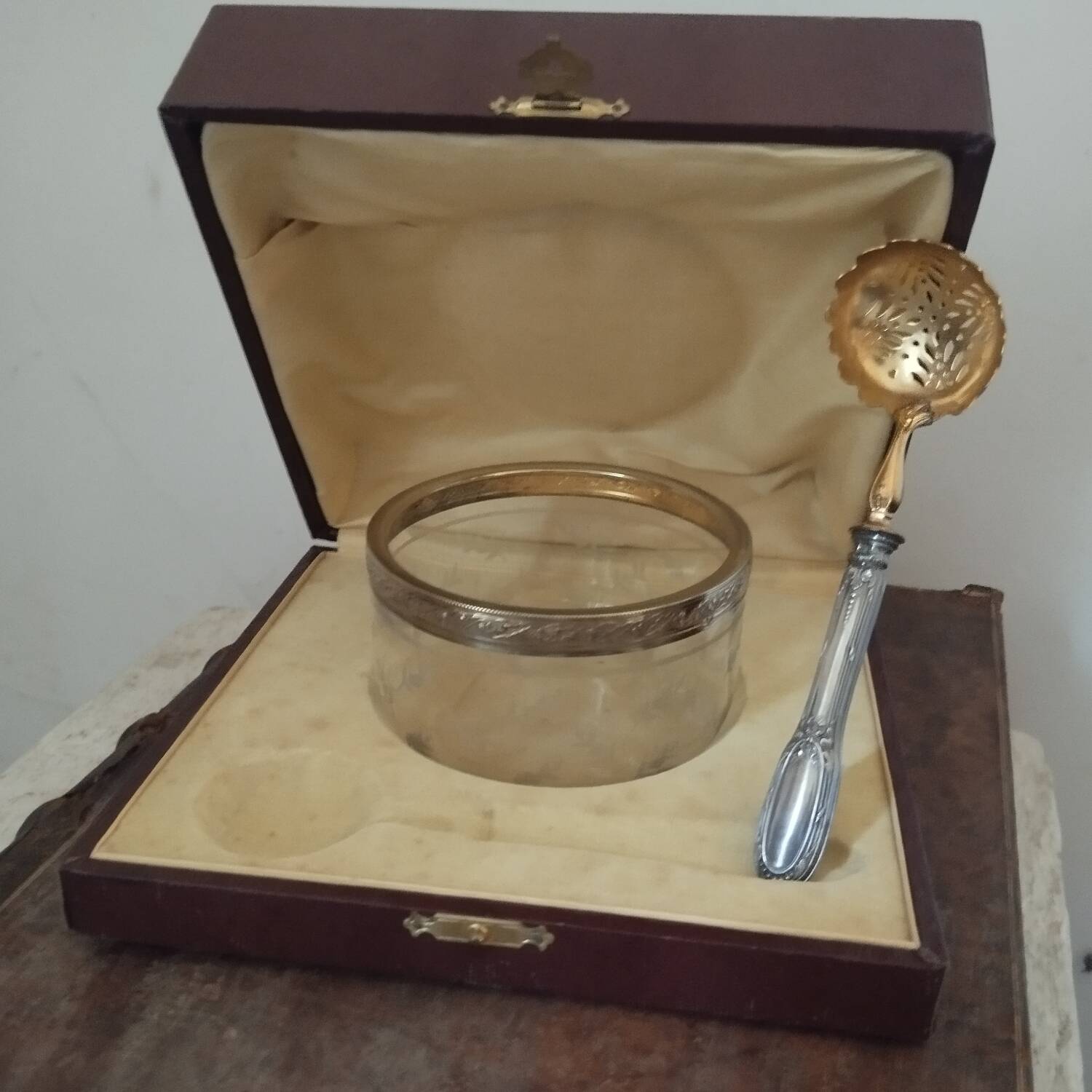 Crystal silver sugar bowl and spoon in box