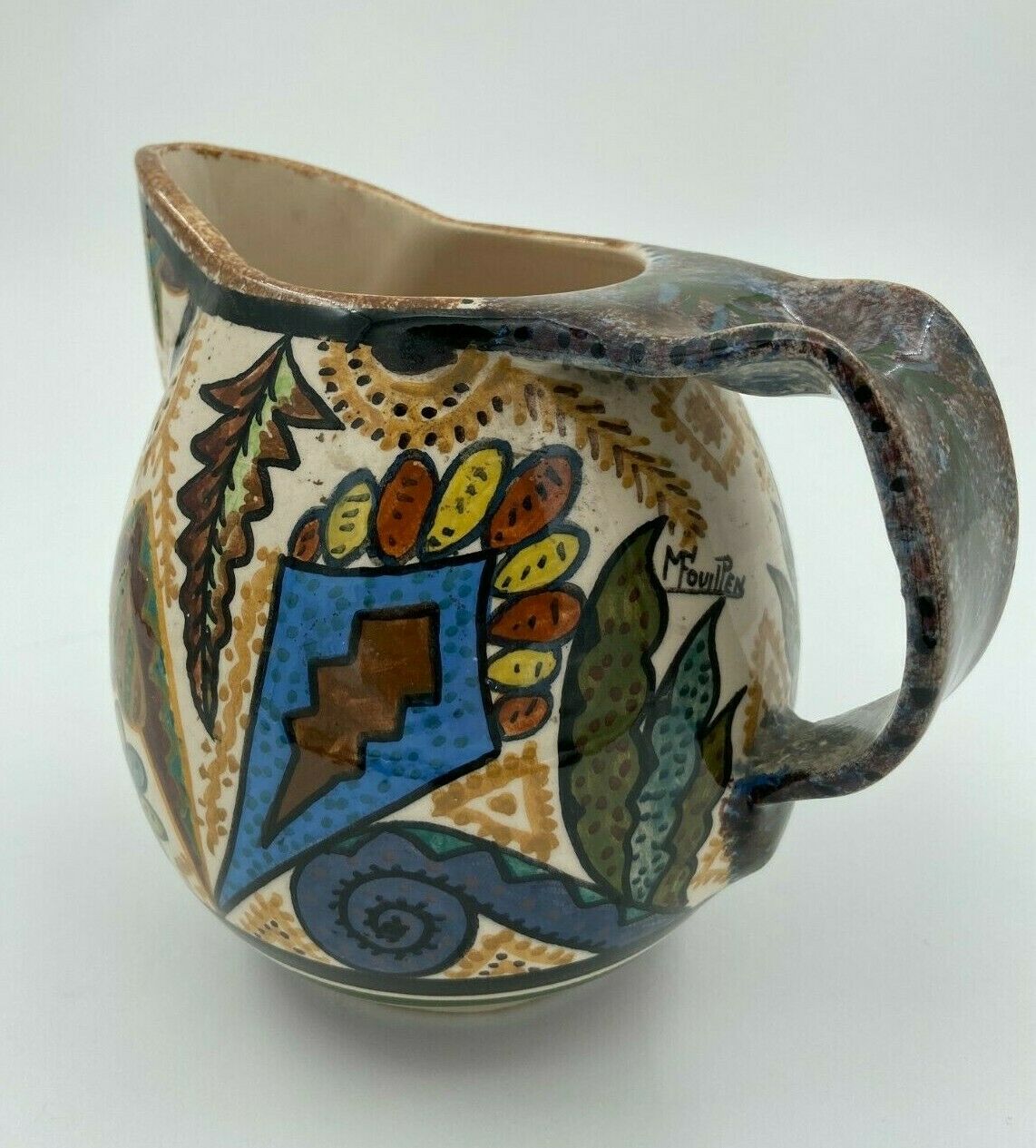 Pichet Paul Fouillen faience de Quimper decor geometrique signe