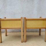 Pair of wooden and rattan bedside tables