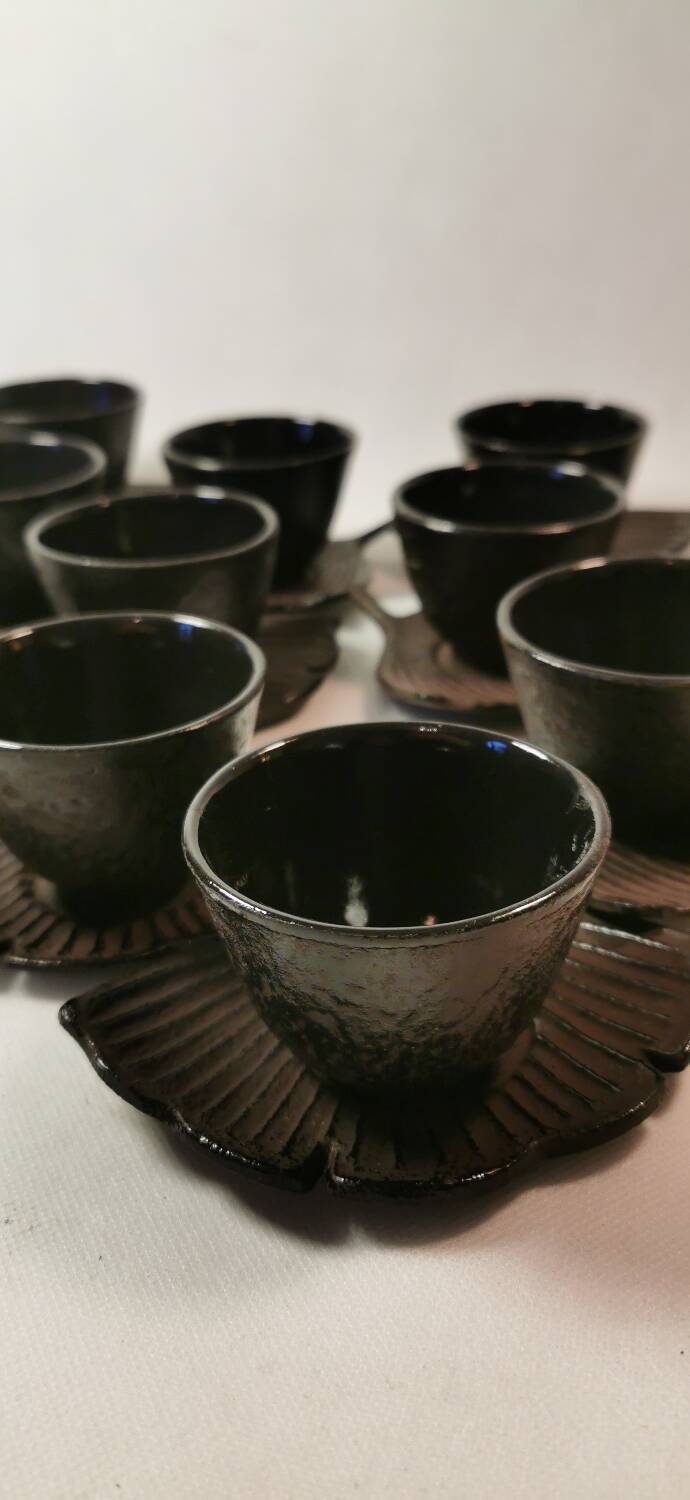 Set of 12 Asian Tea Cups and Saucers in Enameled Cast Iron