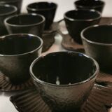 Set of 12 Asian Tea Cups and Saucers in Enameled Cast Iron