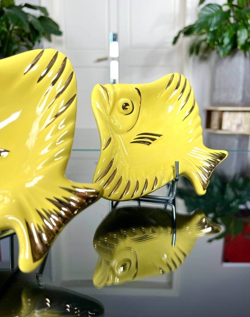 Soap Holder - Pair - Yellow Earthenware - Vintage Fish Bathroom Accessory