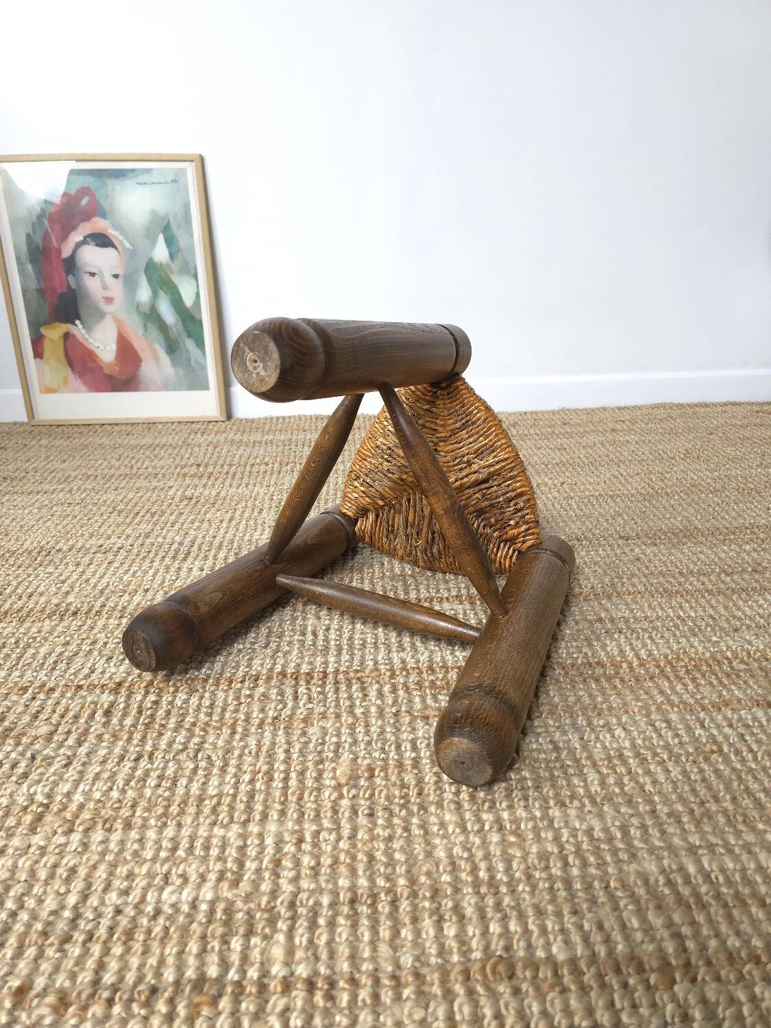 Tabouret bois paille tripode Charles Dudouyt