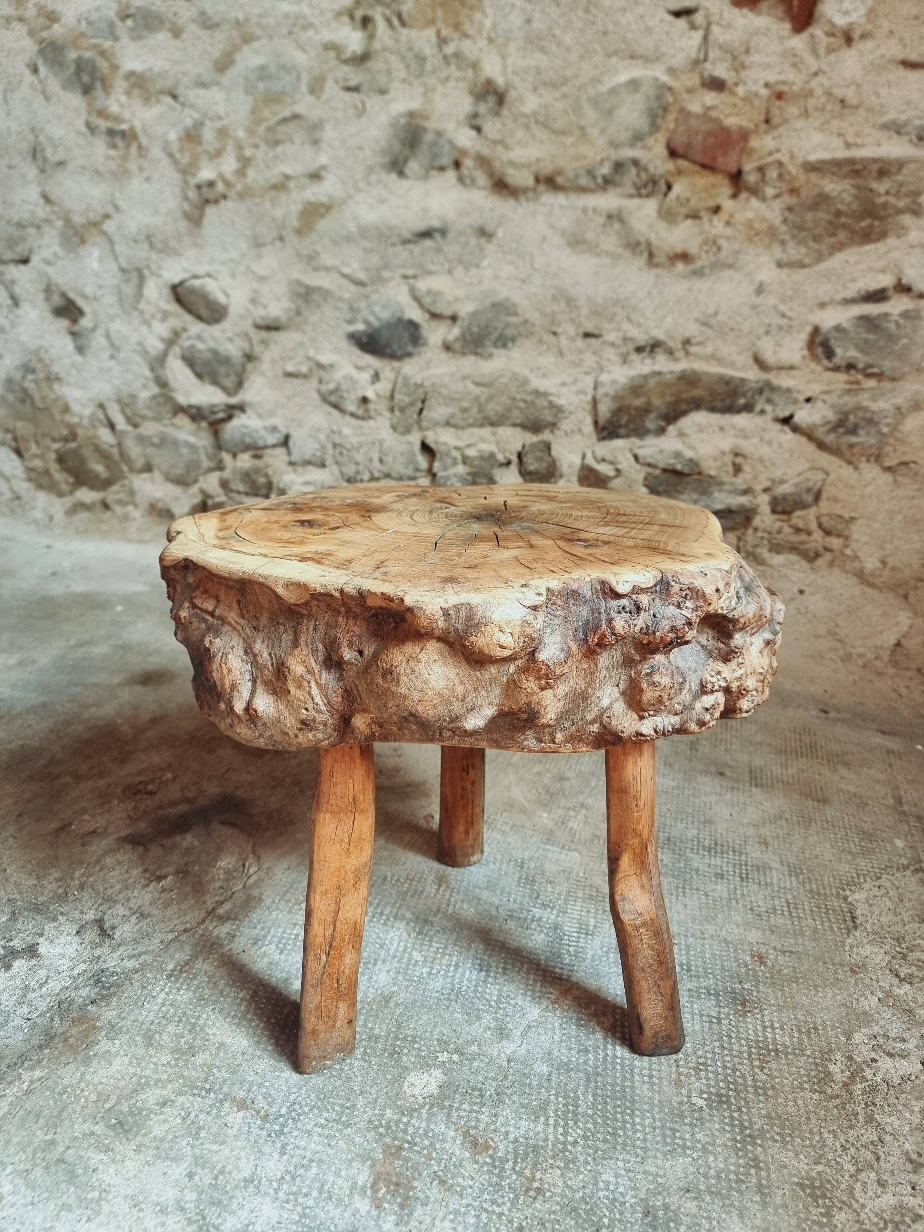Brutalist stool in solid cherry wood – France circa 1900
