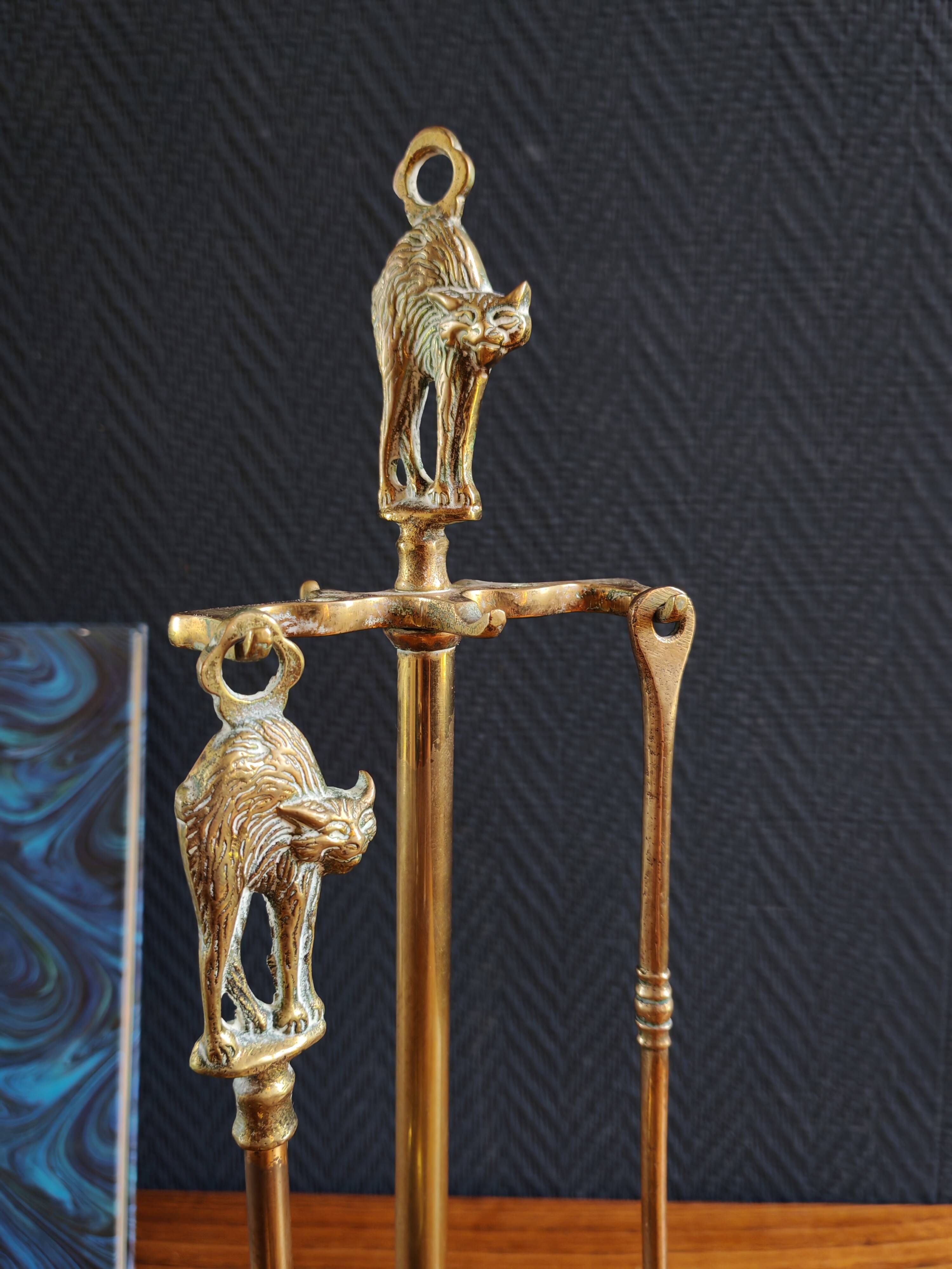 Vintage Brass Fireplace Tools Cat Decor