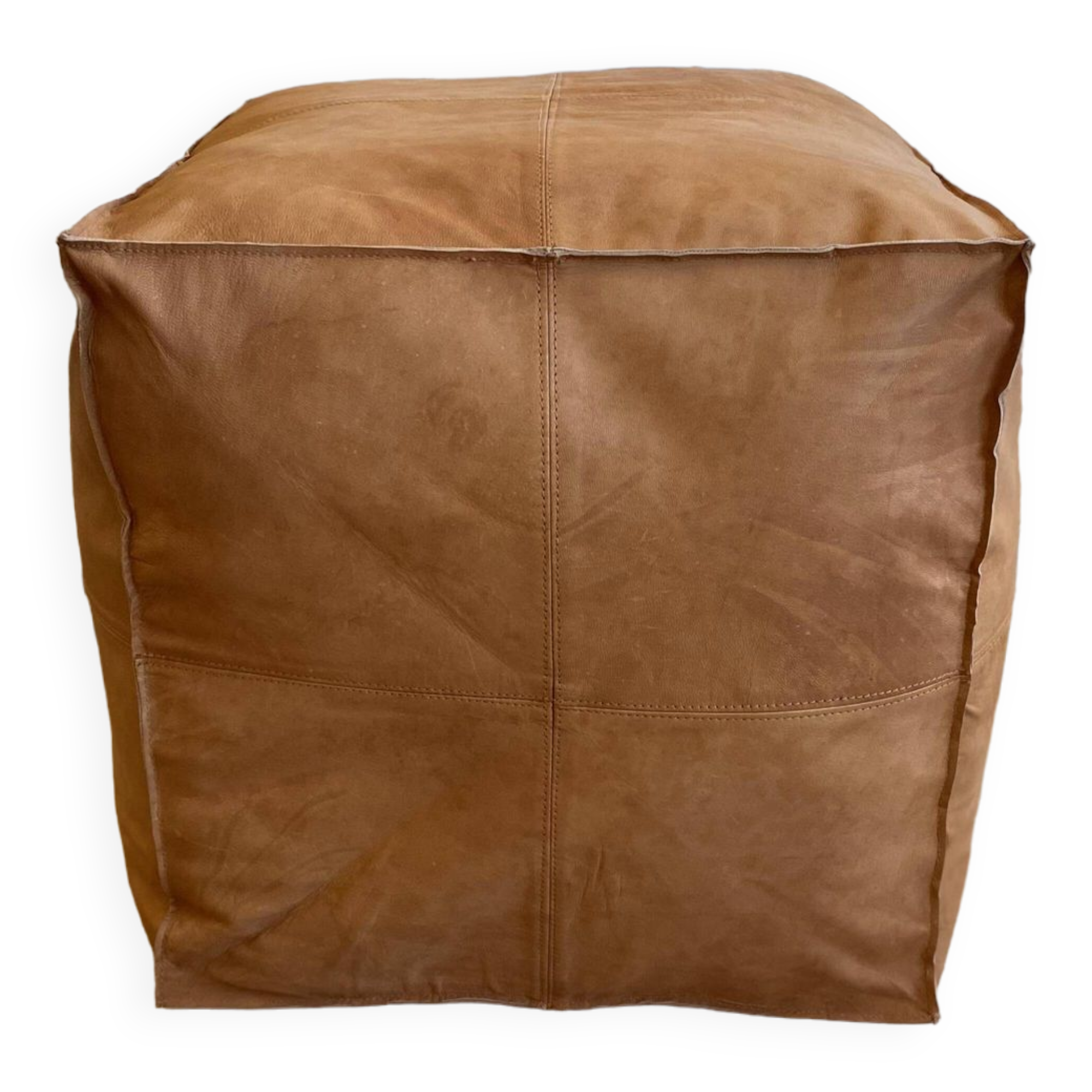 Vegan Leather Ottoman Pouf, Handmade, Cognac, Unstuffed, Moroccan Leather, Marrakech Souk