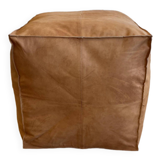 Vegan Leather Ottoman Pouf, Handmade, Cognac, Unstuffed, Moroccan Leather, Marrakech Souk