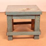 Table de chevet d’atelier en teck birman patine bleue d’origine