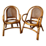 Paire de fauteuils en rotin et cannage vintage