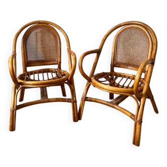 Paire de fauteuils en rotin et cannage vintage