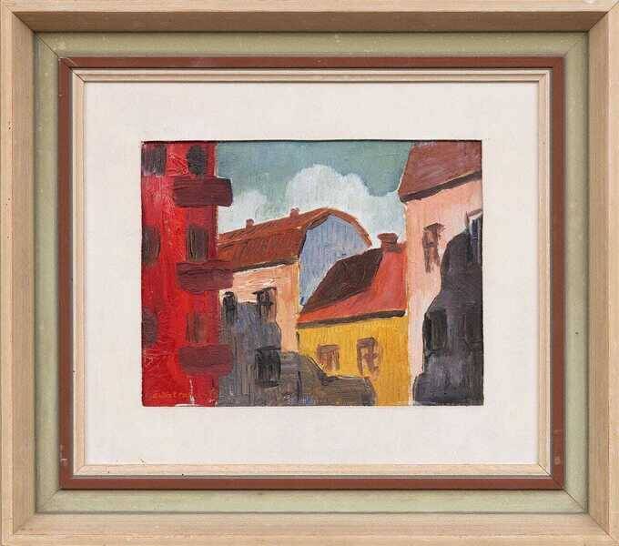 Original mid-century Swedish oil on panel – “House Facades” by A. Wistrand – dated 1946 – vintage & framed – 42 × 39 cm
