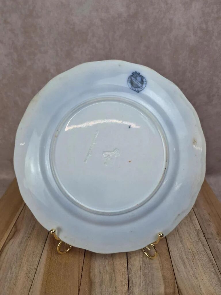 Antique English plate BWM & Co – Rose & Ivy pattern – registered 1868 – blue and black decoration.