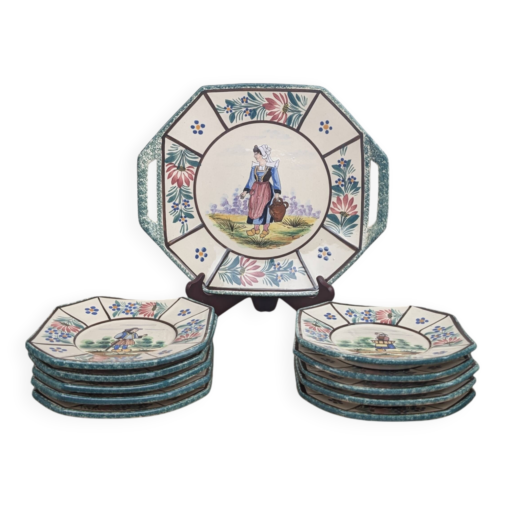 Henriot Quimper RM Octagonal Dessert Service Breton Couple Art Deco Style