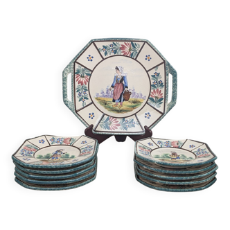 Henriot Quimper RM Octagonal Dessert Service Breton Couple Art Deco Style