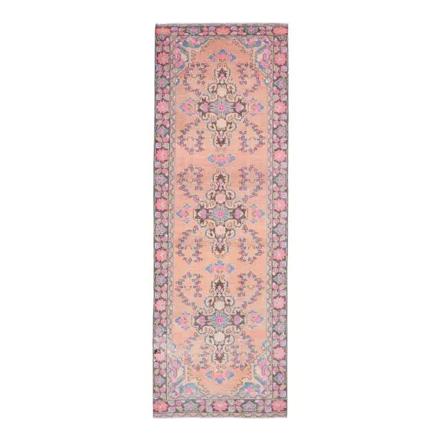 1970s Vintage Turkish Oushak Handmade Wool Cotton Pink Runner Rug 103x302