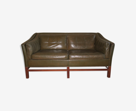Leather teak frame 2-seater sofa by Grant in dark olive green Danish 1960s